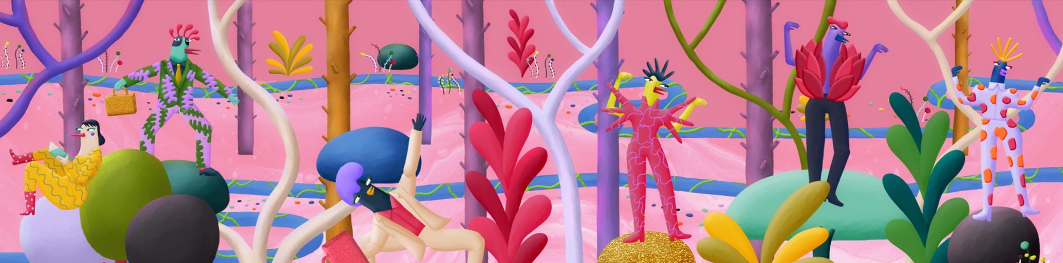 detail of artist Jordan Bruner's illustrations of fantastical, multicolored animals in an imagined forest scene on pink background.