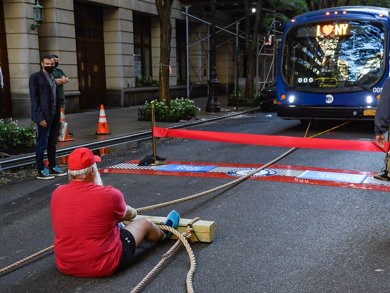 MTA New York City Transit All-Electric Bus Pulled By Strongman Setting Guinness World Records Title