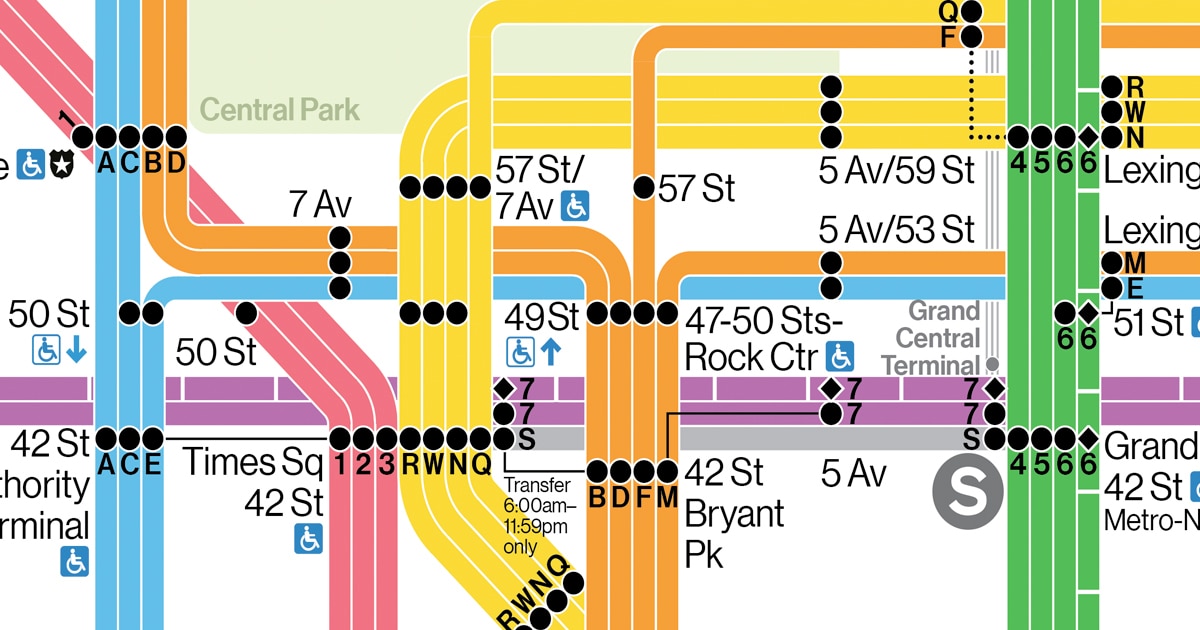 A subway map of Midtown Manhattan showing stops and lines. 
