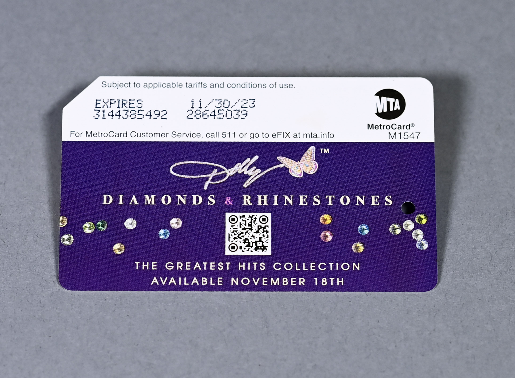 Dolly Parton “Diamonds and Rhinestones” commemorative MetroCard.