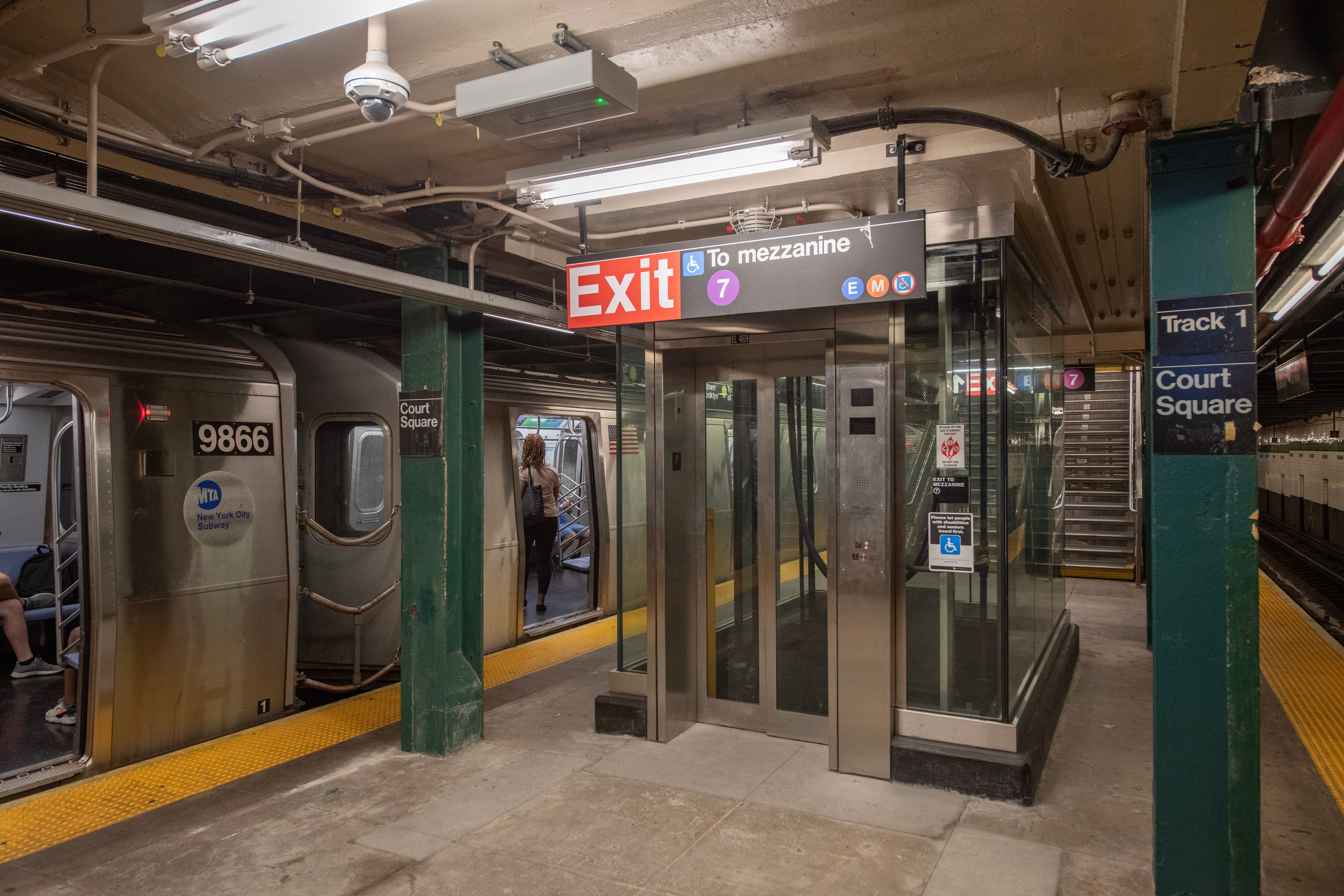 newly installed elevator from platform level at Court Square G Station 