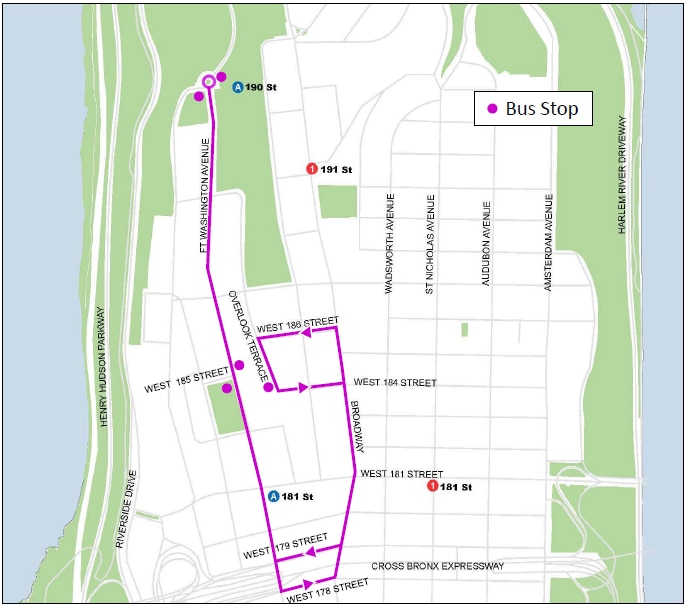 Route map for the free 181st shuttle that connects Fort Washington Avenue, Overlook Terrace, and Carbrini Blvd.