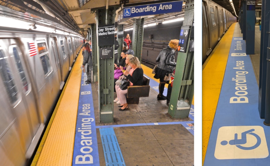 2 images side-by side: first on left shows Accessible Boarding Area, including moving train on left, floor decal which is blue, says "accessible boarding area," and has the International Symbol for Accessibility. Image on right is a close-up shot of the floor decal.