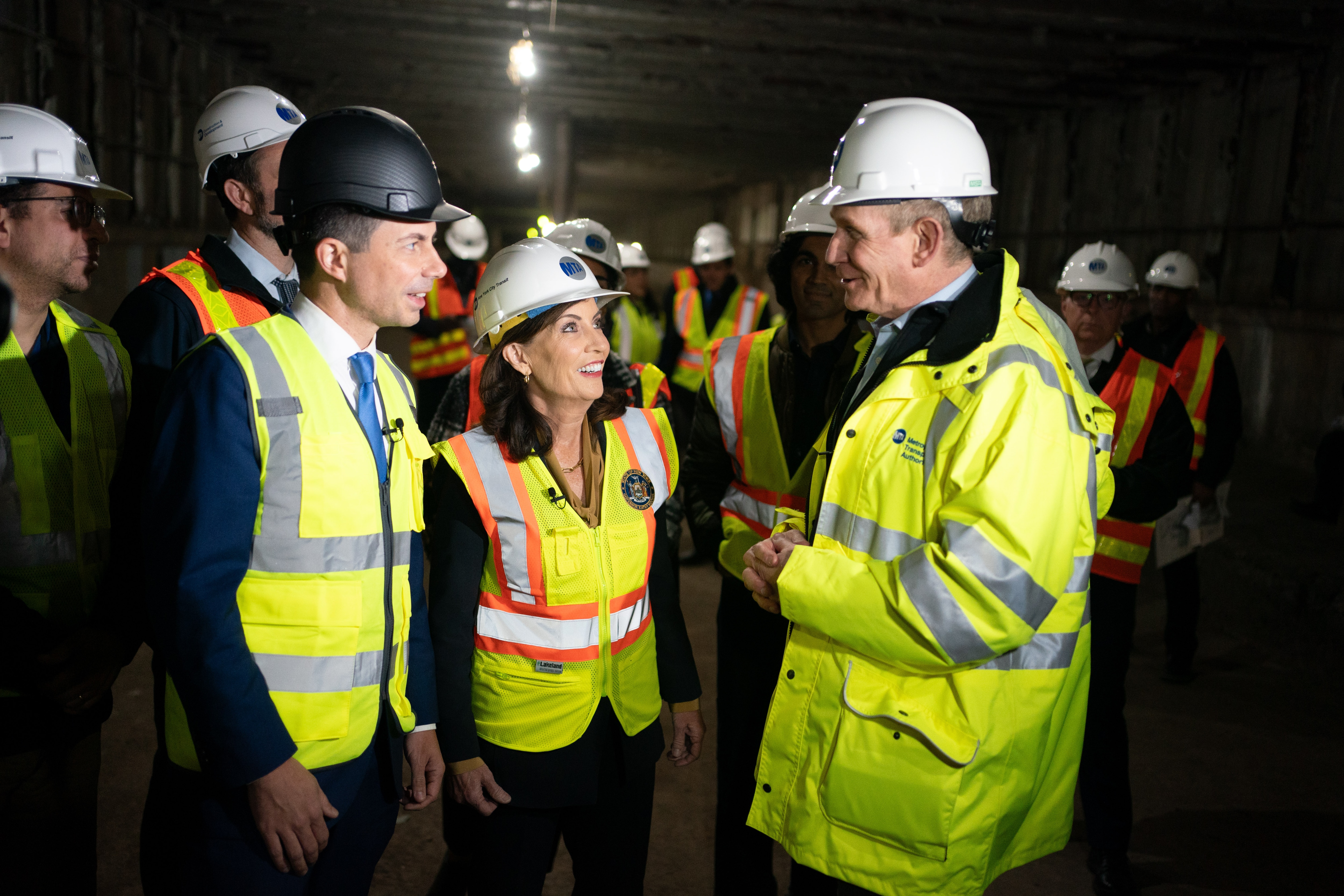 United States Secretary of Transportation Pete Buttigieg, Gov. Kathy Hochul, and MTA Chair Janno Lieber tour a Second Avenue Subway tunnel in November.