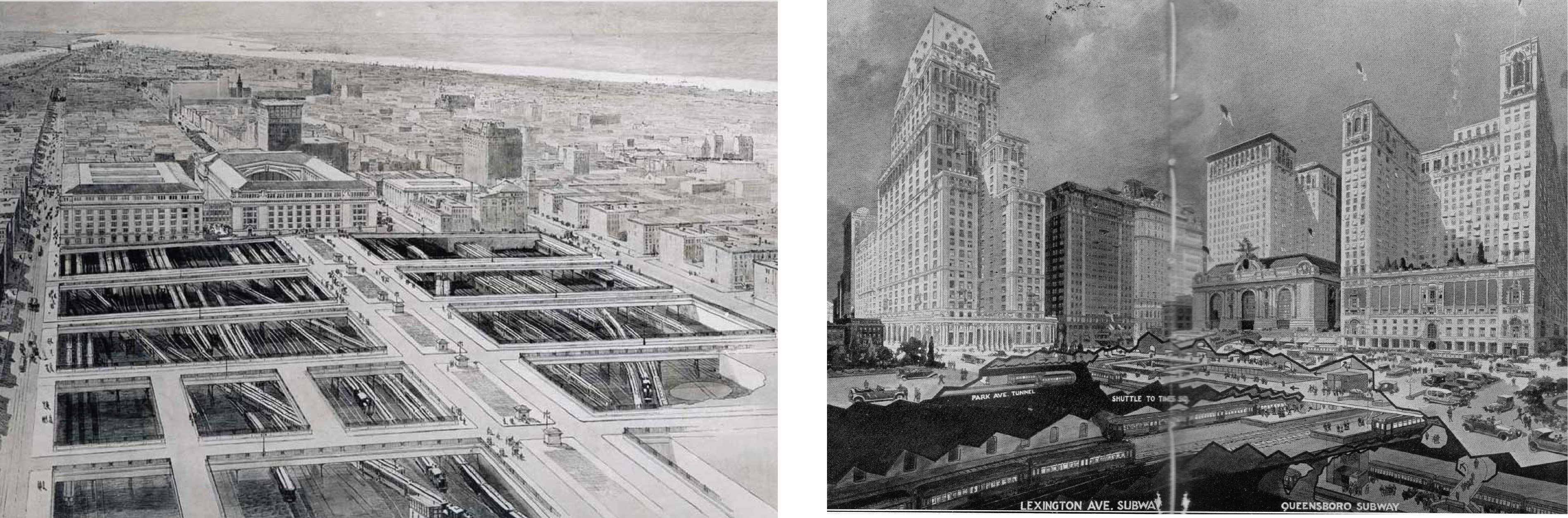 Two photos of early-1900s sketches showing the tracks beneath the lots around Grand Central (left) and a perspective section of developments around Grand Central, with a cut showing the train lines below (right)