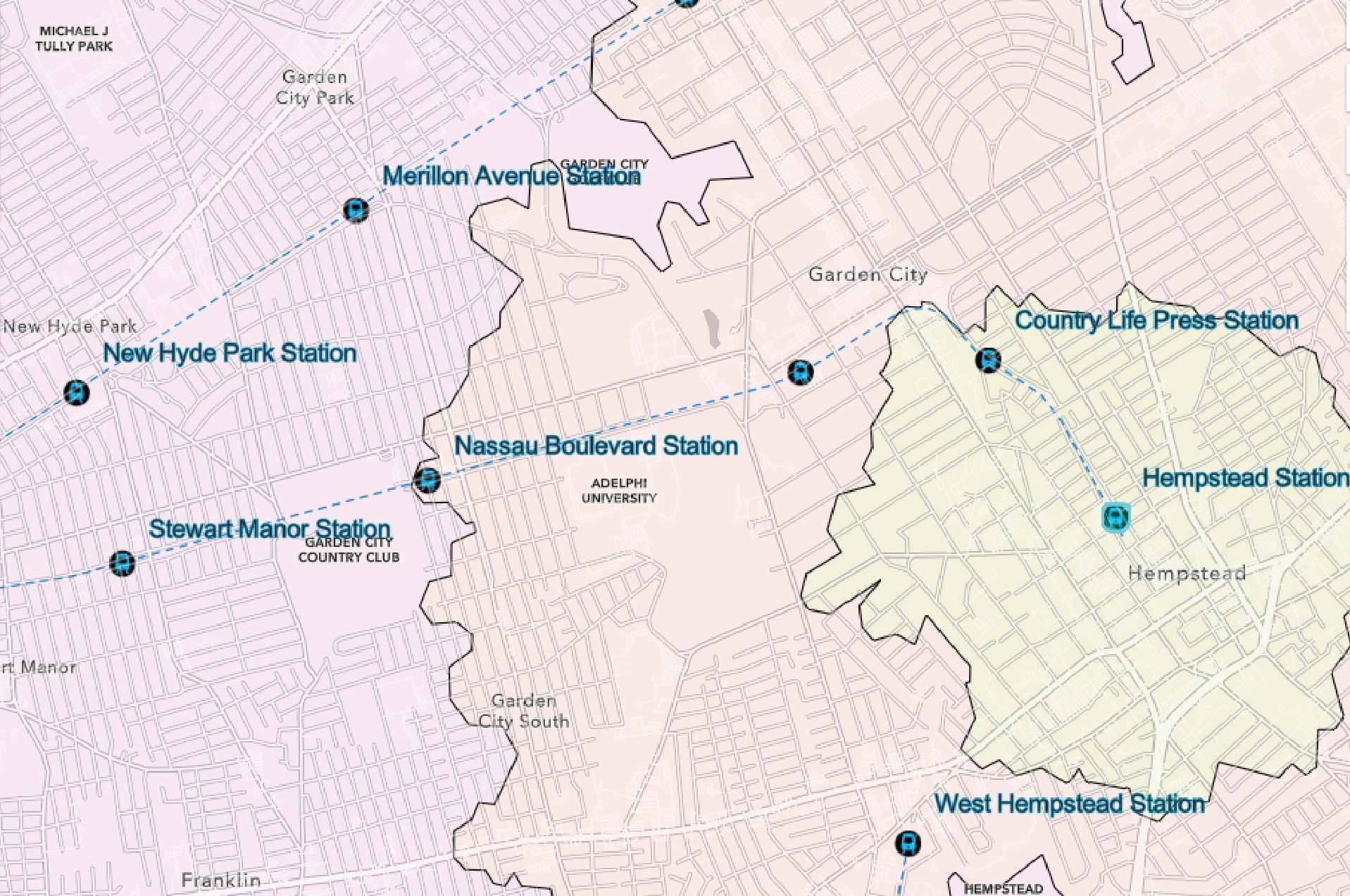 Screenshot of the First-Mile Last Mile Toolkit, showing the an interactive map of 15-min walk and bikesheds around LIRR Hempstead station.