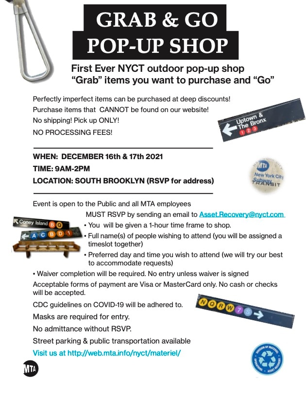 A flyer with information about a New York City Transit pop-up sale