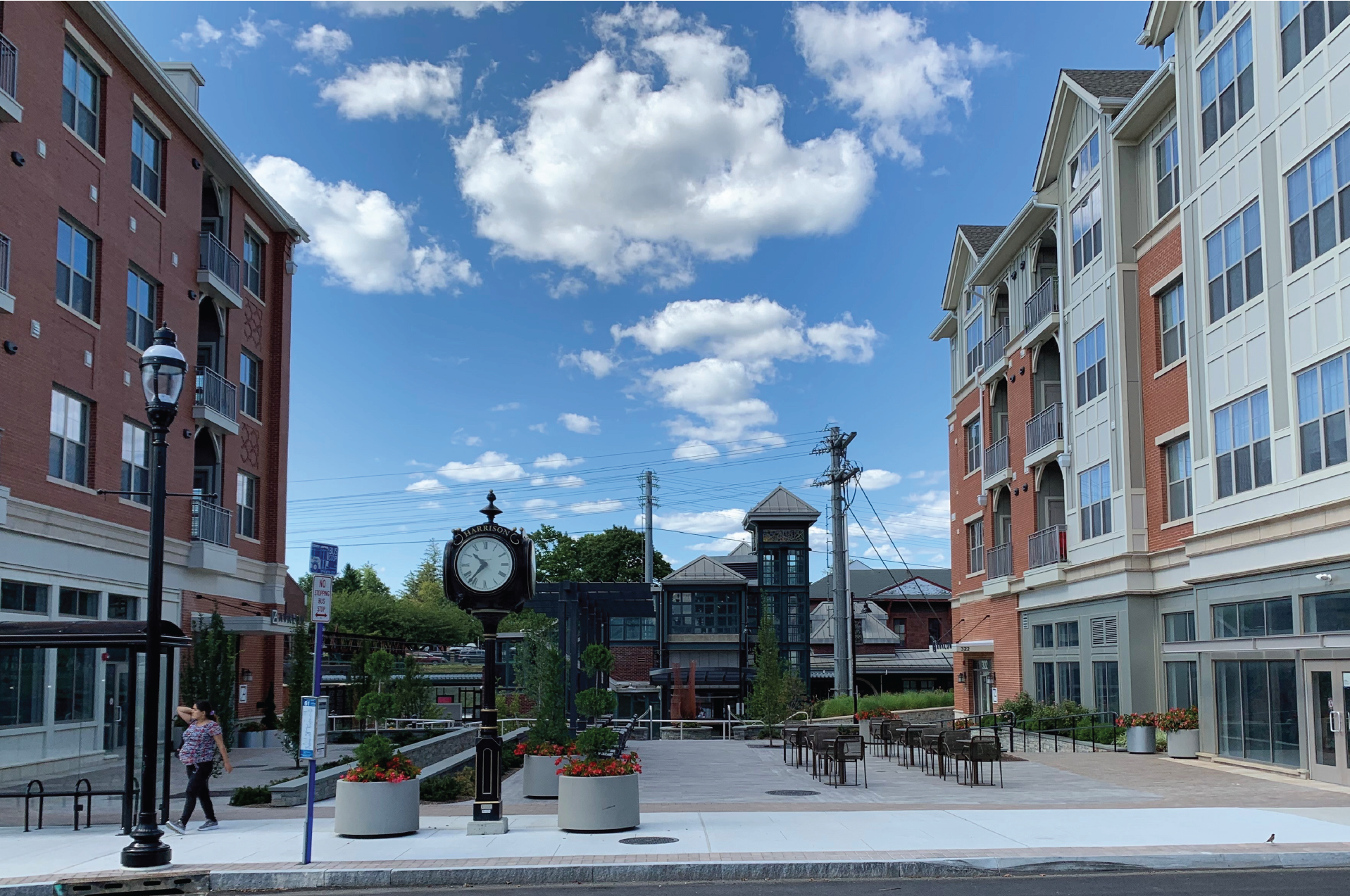 Image of the public plaza in the MNR Harrison station-adjacent mixed-use housing development, just in front of the main station entrance. 