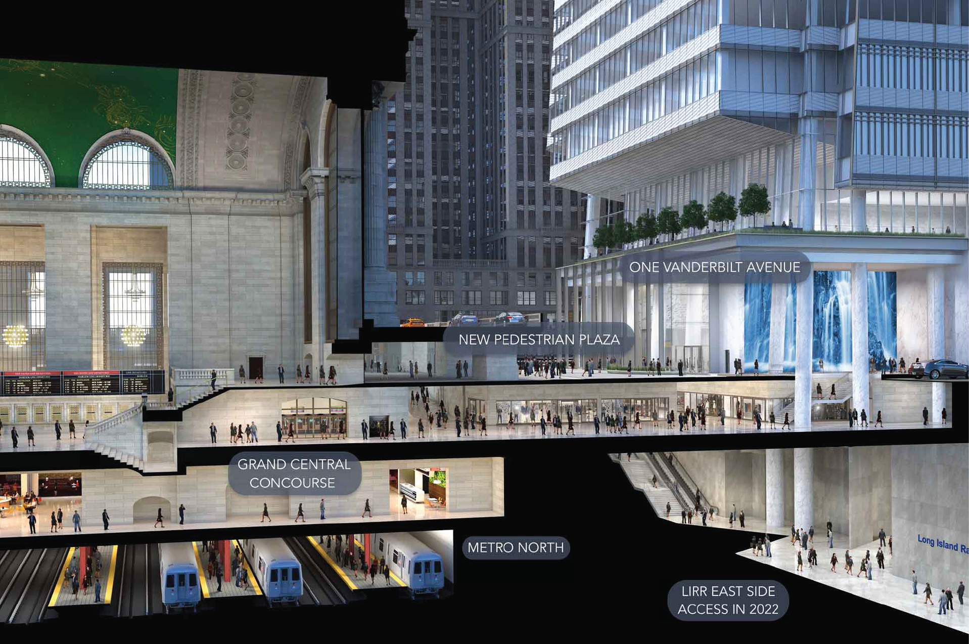 Section cut rendering showing the concourse connecting One Vanderbilt to the subway, MNR, LIRR, and Grand Central Terminal