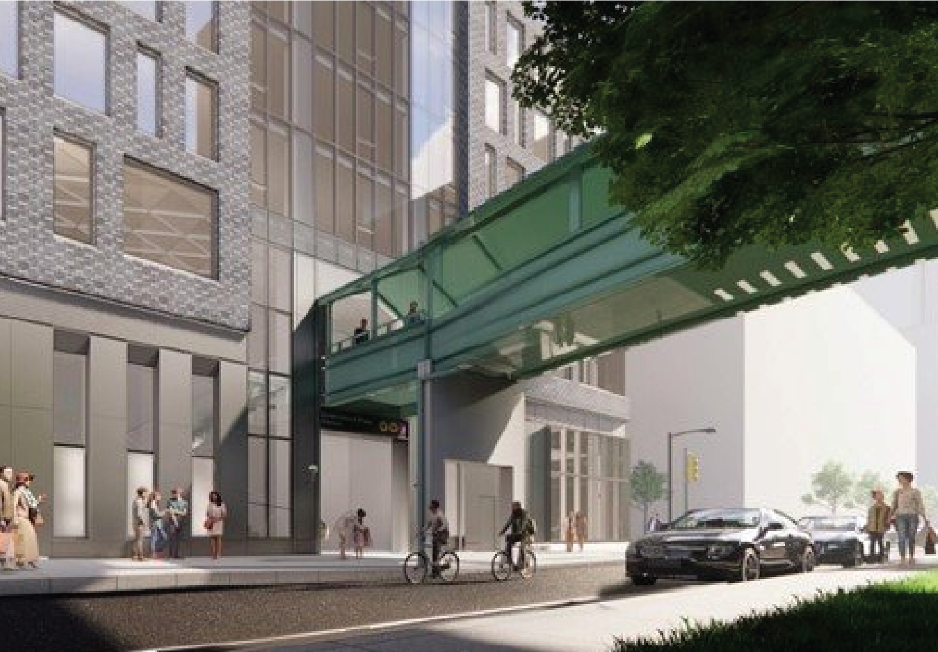 Rendering of the skybridge that will be constructed at a development adjacent to the Queensboro Plaza development. The skybridge will serve as a new ADA accessible station entrance.