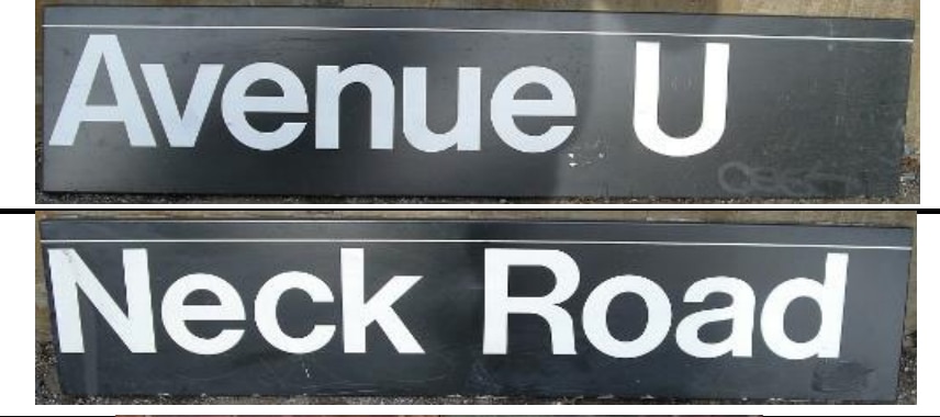 Subway station signs. One reads Avenue U. The other reads Neck Road.