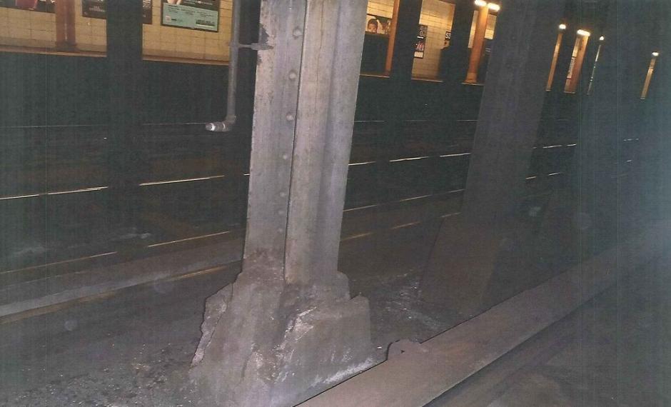 Photo depicting the state of decay of the structural steel beams in hte 4th Ave tunnel prior to the closure of the express tracks
