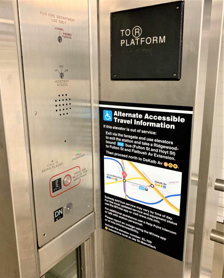 Alternate route information sign next to elevator from mezzanine to R platorm at Jay St-MetroTech station.
