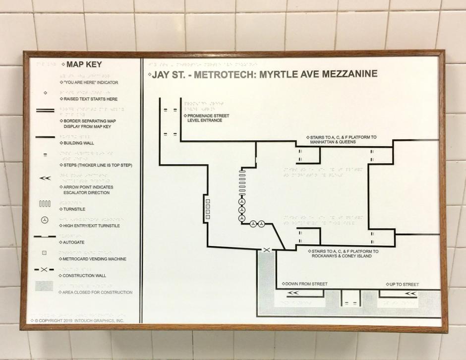 image shows ClickAndGo Wayfinding's tactile map of the Myrtle Avenue Mezzanine at Jay St-MetroTech station. 