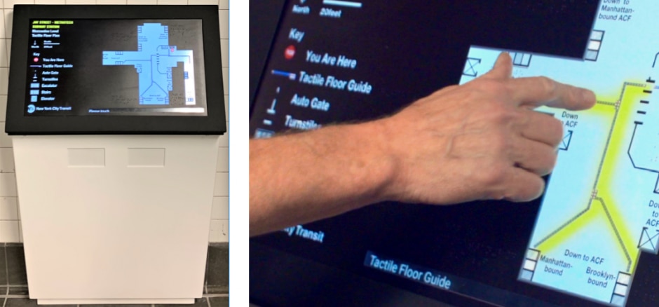 side-by-side images of tactile interactive map--first on left shows map on pedestal in station, second image on right shows a person's hand touching the tactile map