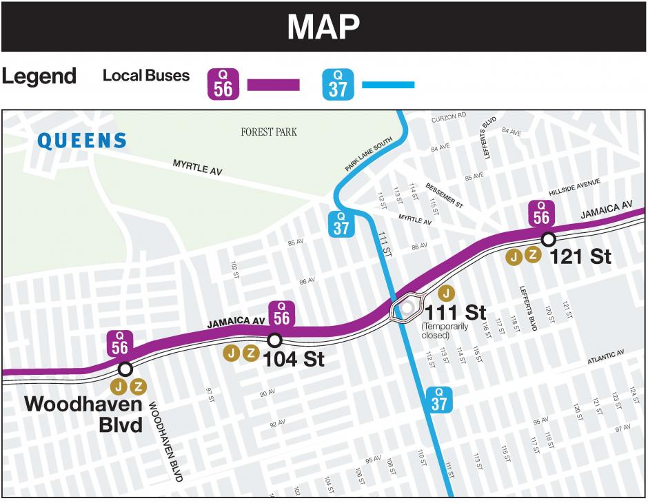 Map depicting travel alternatives for the 111 St J station closure