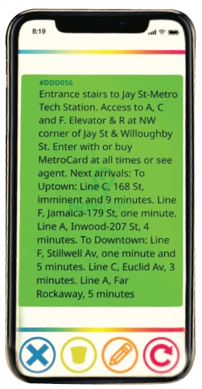 image shows NaviLens app open on smartphone graphic. text on screen reads location and train arrival information that the app reads out loud. 