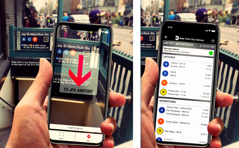image shows two point-of-view graphics of a person holding their smartphone up to a NaviLens code on a street-level subway staircase with NaviLensGO open. On left the app shows the "augmented reality" mode, with a red arrow pointing down the stairs directing to "JFK Airport," on right the app is showing train arrival information. 