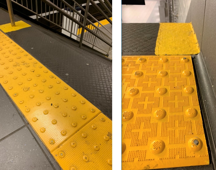 side-by-side images of tactile stair warnings in two different hard plastic materials