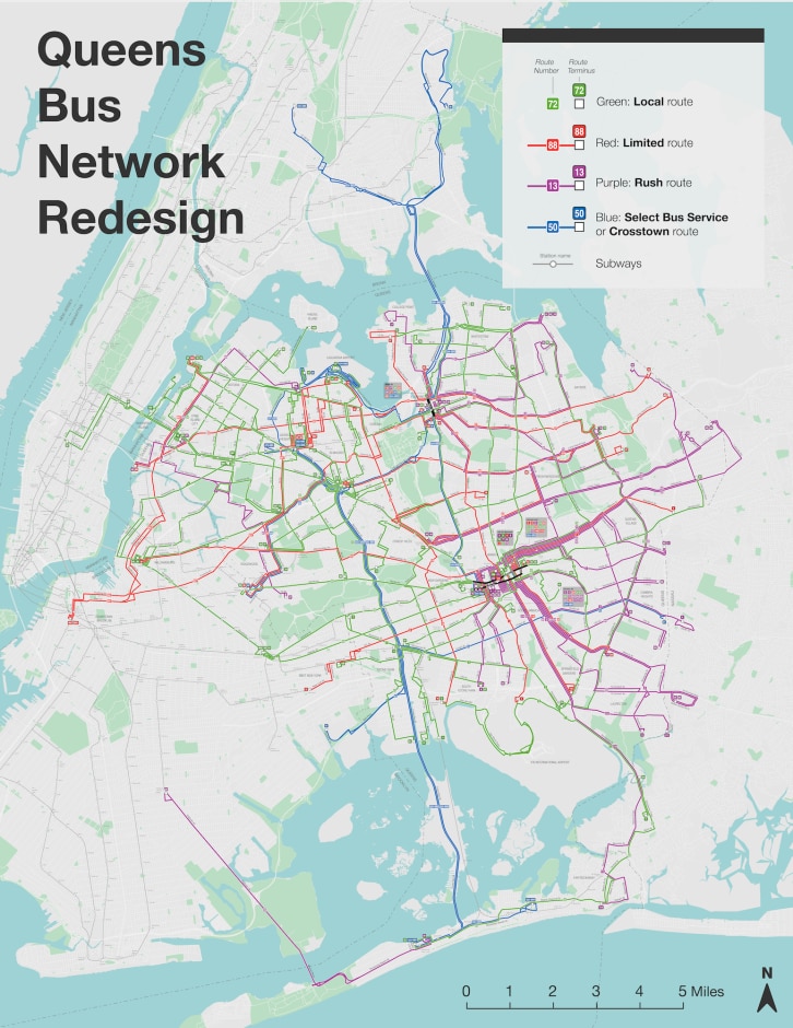 A map of the proposed Queens Bus Network Redesign plan