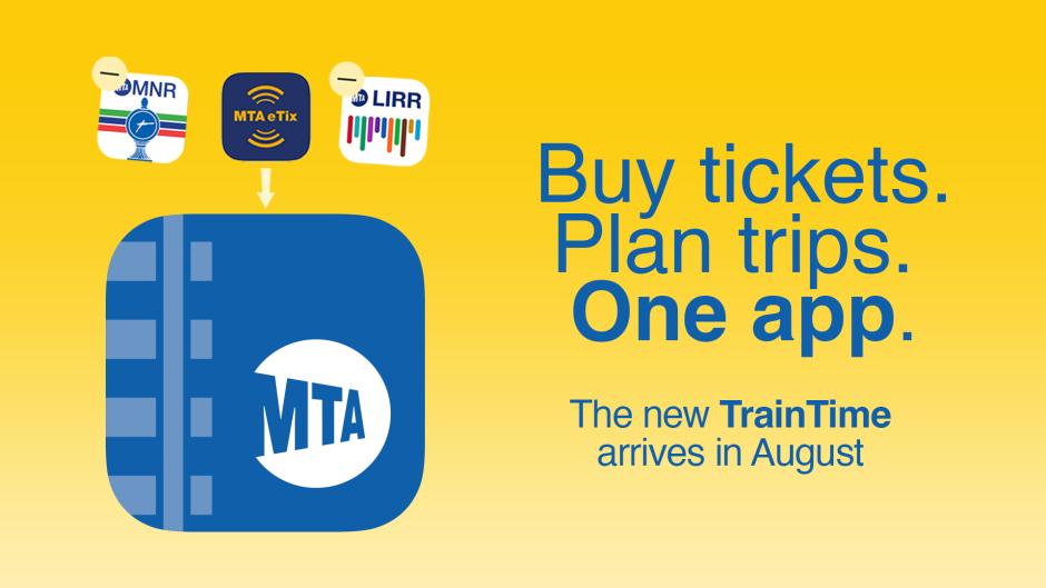 A graphic advertising a new MTA TrainTime app, showing three app icons combined into one. 