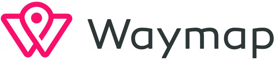 Waymap logo. Graphic design is "W" intertwined with a "you are here" map symbol. This is in white in a bright pink box with curved edges. Next to the graphic reads "Waymap" in grey lettering.