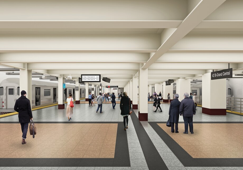 A 3D rendering of the rebuilt 42 St Shuttle platform at Grand Central