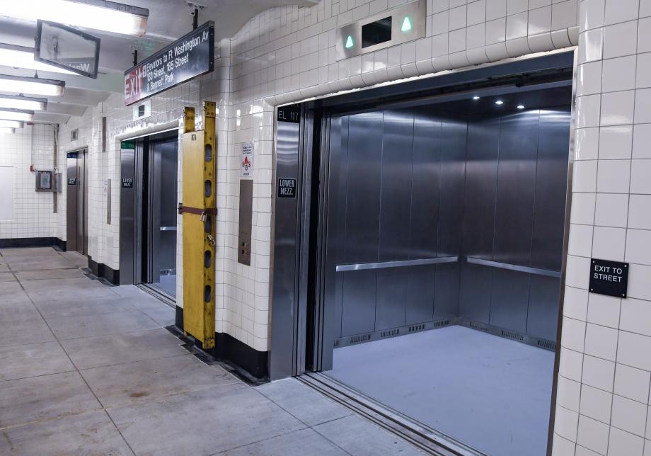 A photo of the new elevators at the 181 Street station at mezzanine level