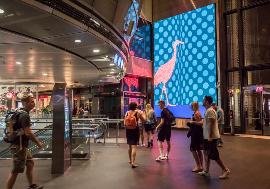 The photo shows digital artwork, The Fluid, created by Chris Doyle at Fulton Center. Large vertical screen displays a pink crane on a blue, polka dot background.