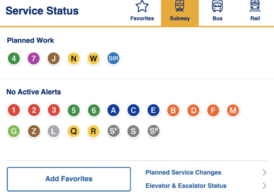 Snapshot of service status section of mta.info. Subway bullets separated into different categories