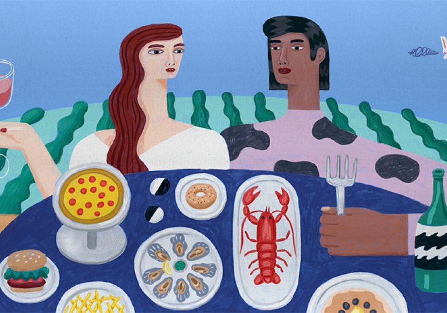 An illustrated image of a couple enjoying a lunch at a table under water.