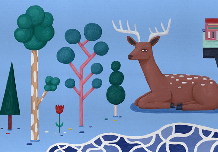 An illustrated image of a young deer sitting by trees and buildings with a blue background.