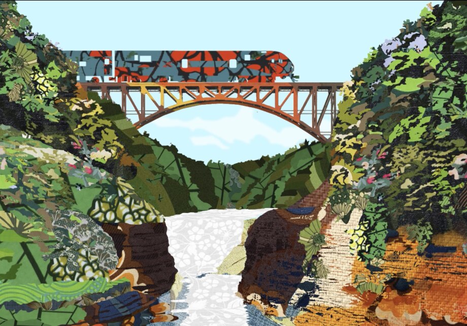 Collage artwork of a train crossing a bridge.