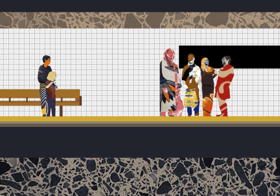 Collaged artwork of a station platform with people.