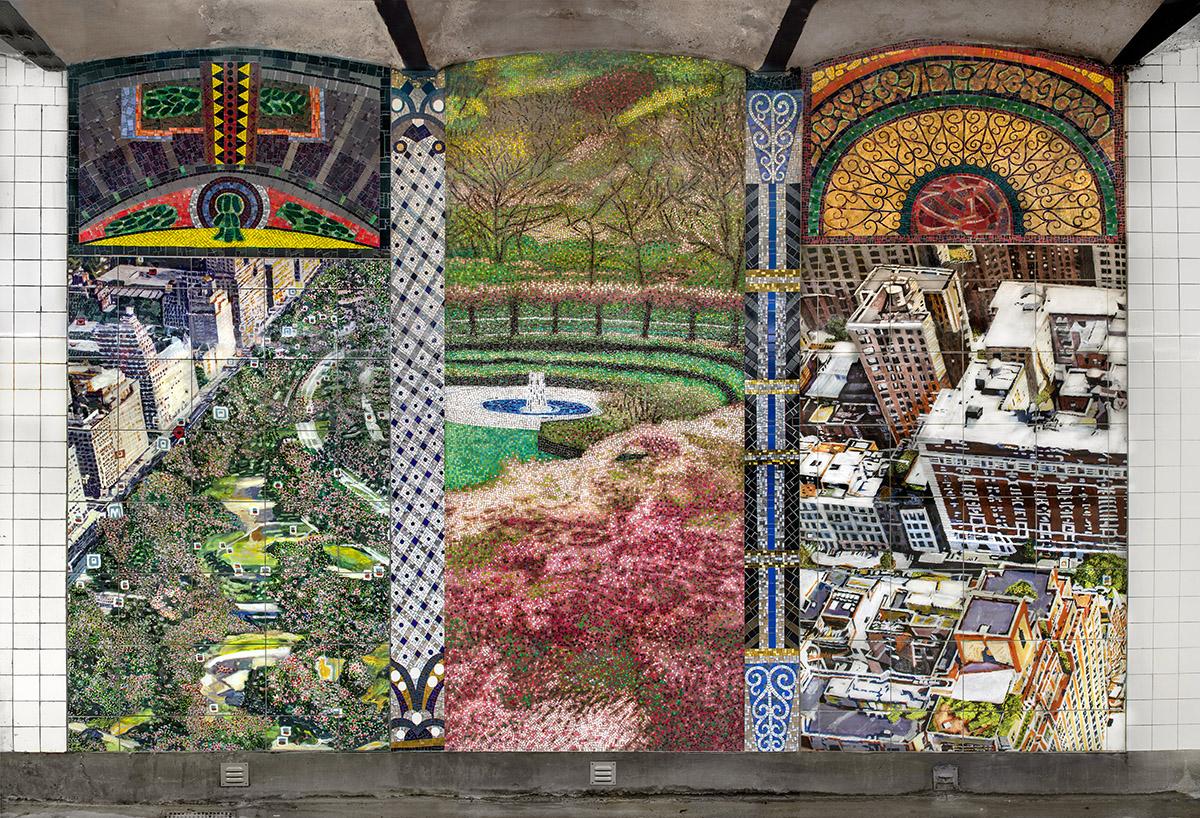 Straight-on view photograph of mosaic artwork by Joyce Kozloff on station platform wall. Artwork shows images of nearby Central Park and rooftop views of buildings.