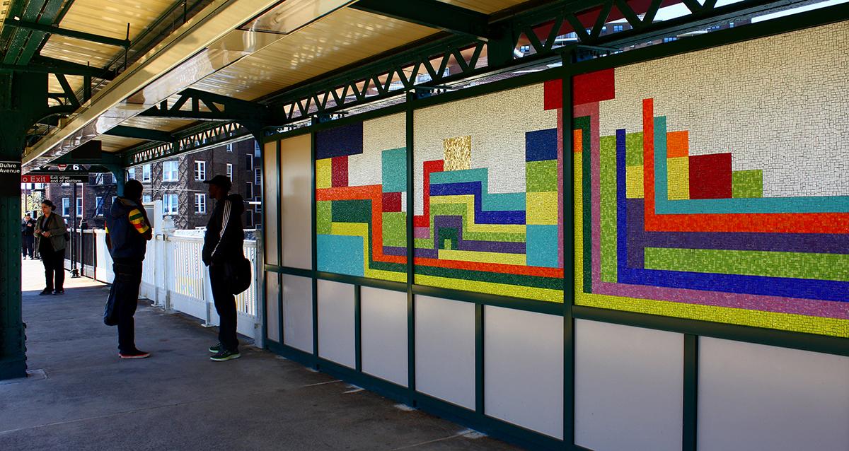 Artwork in mosaic by Soonae Tark showing bright shapes in abstract patterns. 