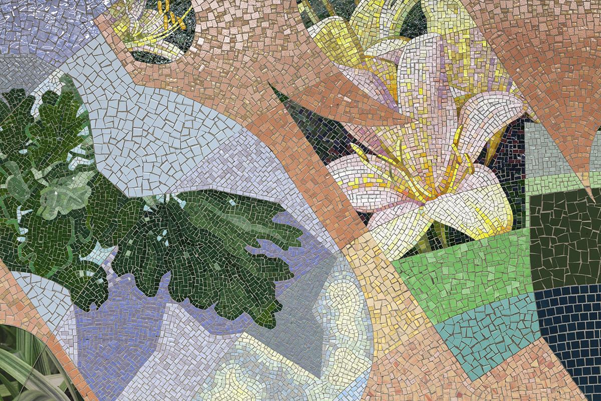 Mosaic by Mickaelene Thomas showing various plants and flowers, with abstract shapes in bright colors. 