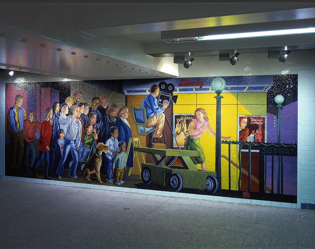 Artwork in glass mosaic by Jack Beal showing an active scene of figures gathered by the subway entrance.  