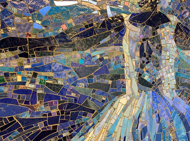 Artwork in mosaic by Katherine Bradford showing people in abstract forms. 