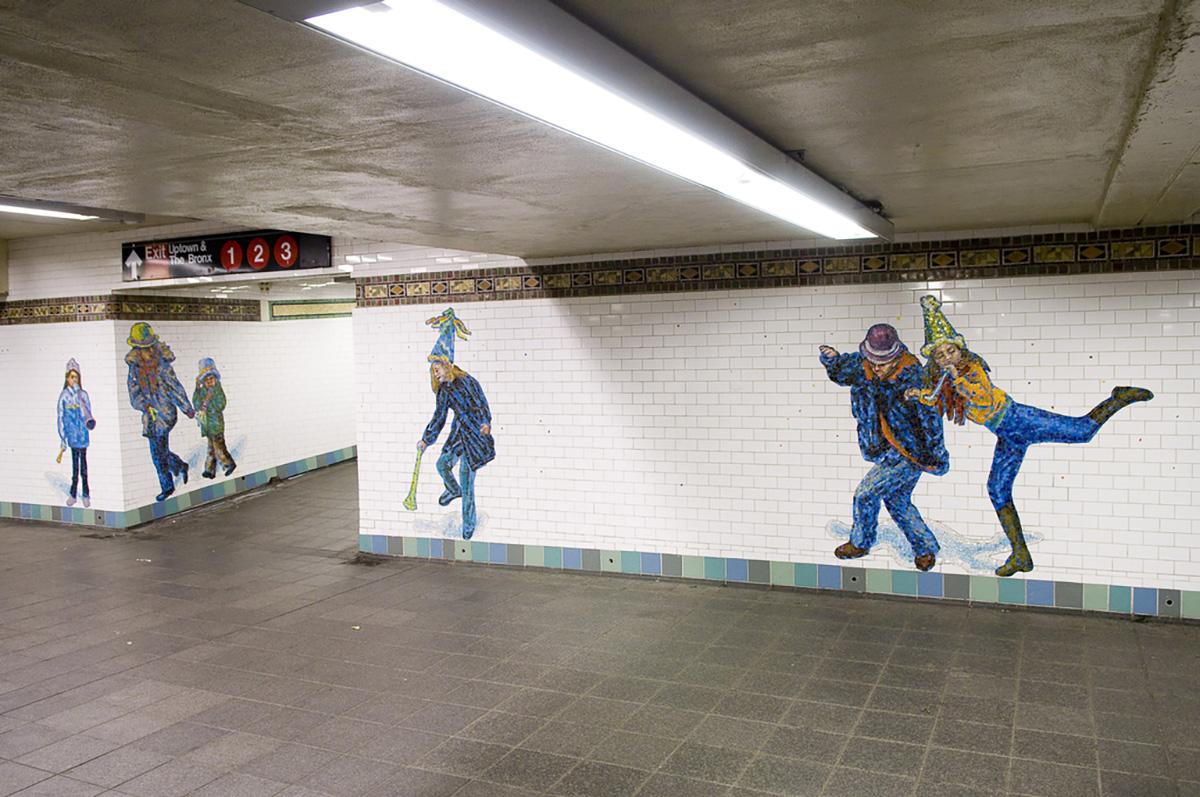 Artwork in glass mosaic by Jane Dickson showing 70 expressive life size figures throughout the lower mezzanine and 41st Street passage in the Times Square station complex.    