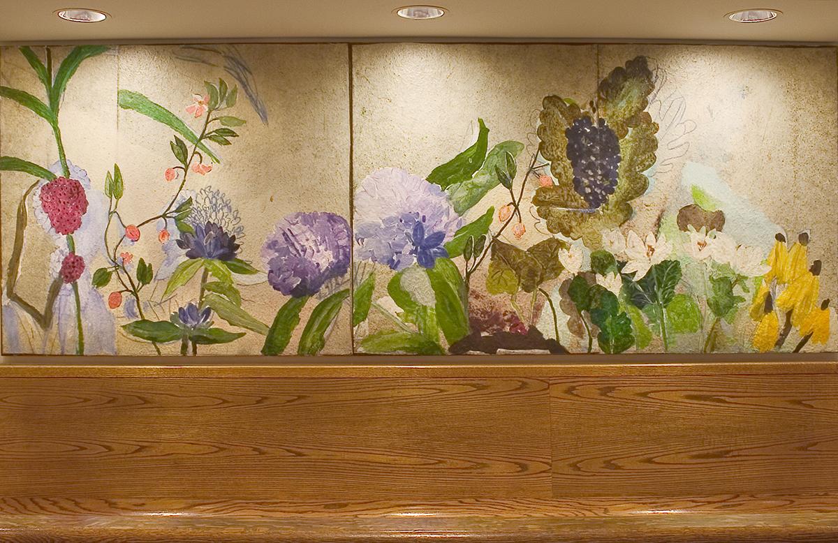 Artwork in mixed media by Roberto Juarez showing various flowers. 