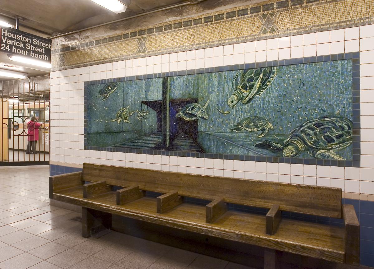Artwork in glass mosaic by Deborah Brown showing blue aquatic creatures in the subway environment.
