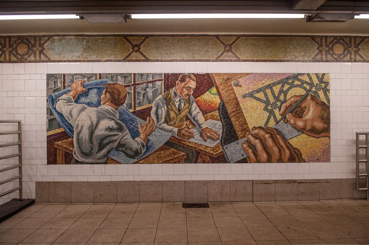 Artwork in mosaic by Owen Smith showing working people.