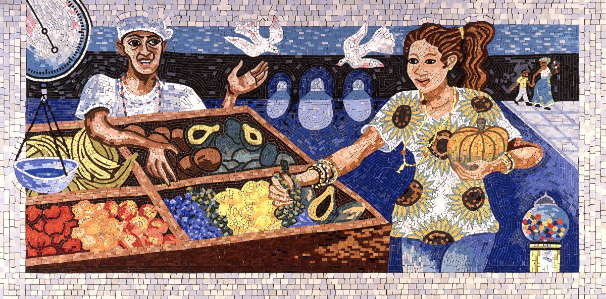 Artwork in mosaic by Manny Vega showing imagined people and street scenes around 110th Street. 