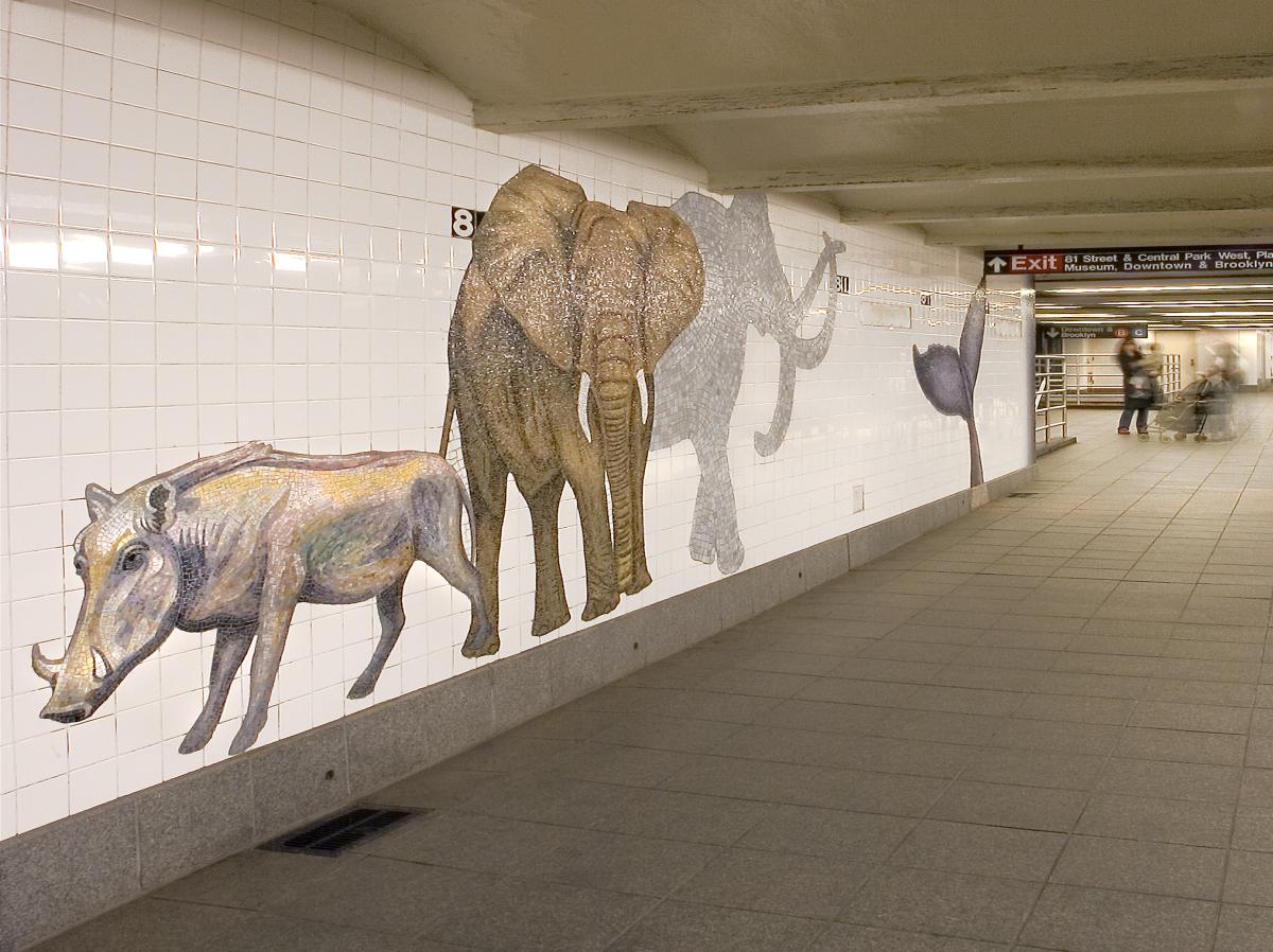Artwork in glass and ceramic mosaic, handmade ceramic relief tiles, hand-cast glass, bronze and cut granite floor tiles throughout station by Arts for Transit Collaborative showing extinct and living animals, images from outer space to the earth's core and sea creatures. 