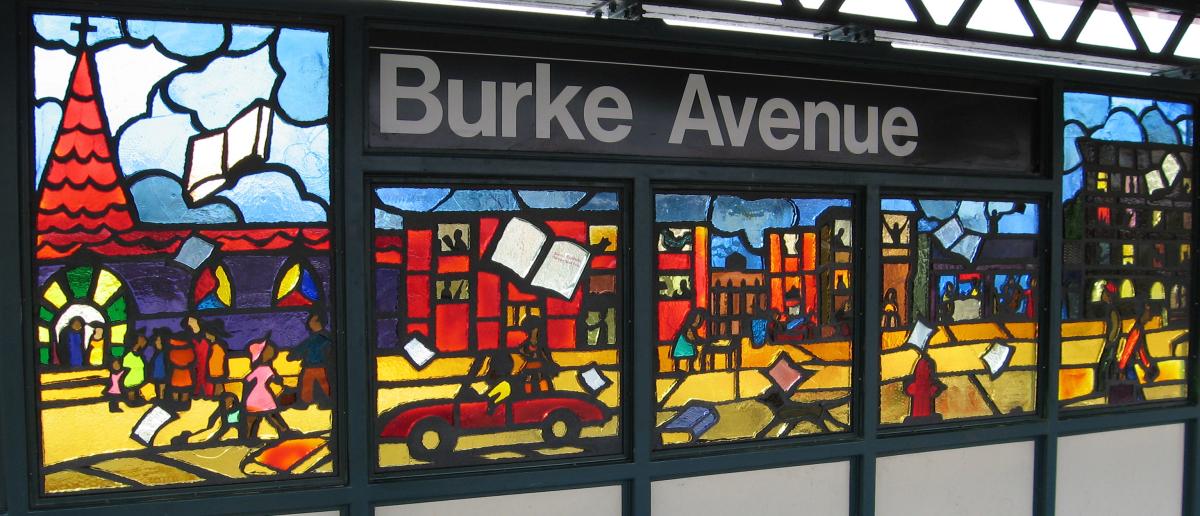 Artwork in faceted glass by Béatrice Coron showing colorful figures portraying well known Bronx writers’ stories on the streets of the Bronx. 
