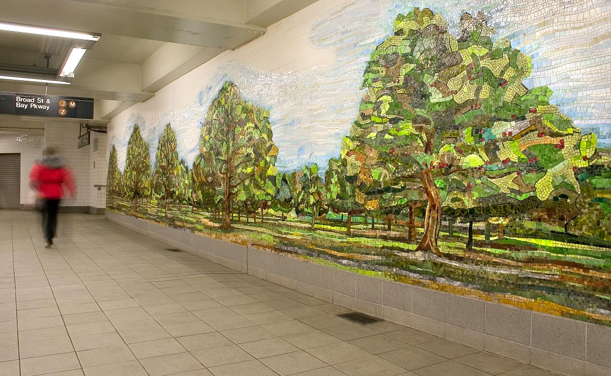 “Shad Crossing, Delancey Orchard” by Ming Fay at NYCT Delancey St & Essex St Station. 