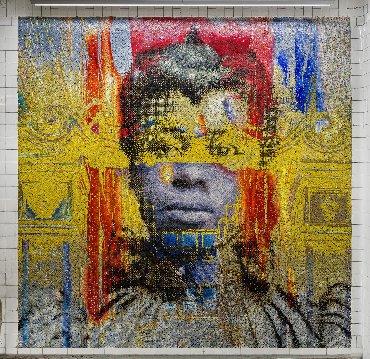 Mosaic artwork featuring a portrait of an early twentieth century woman with architectural elements superimposed.