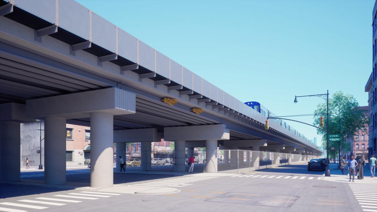 A rendering of the completed Park Avenue Viaduct with a Metro-North train on the viaduct