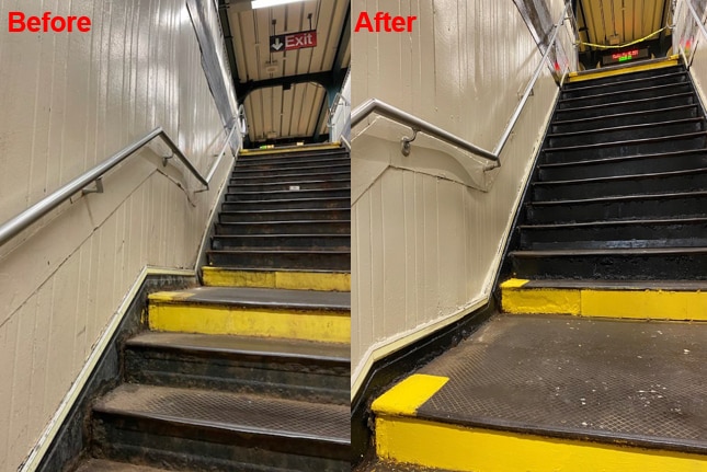 Before and after photo of stairs at Eastchester-Dyre Av station